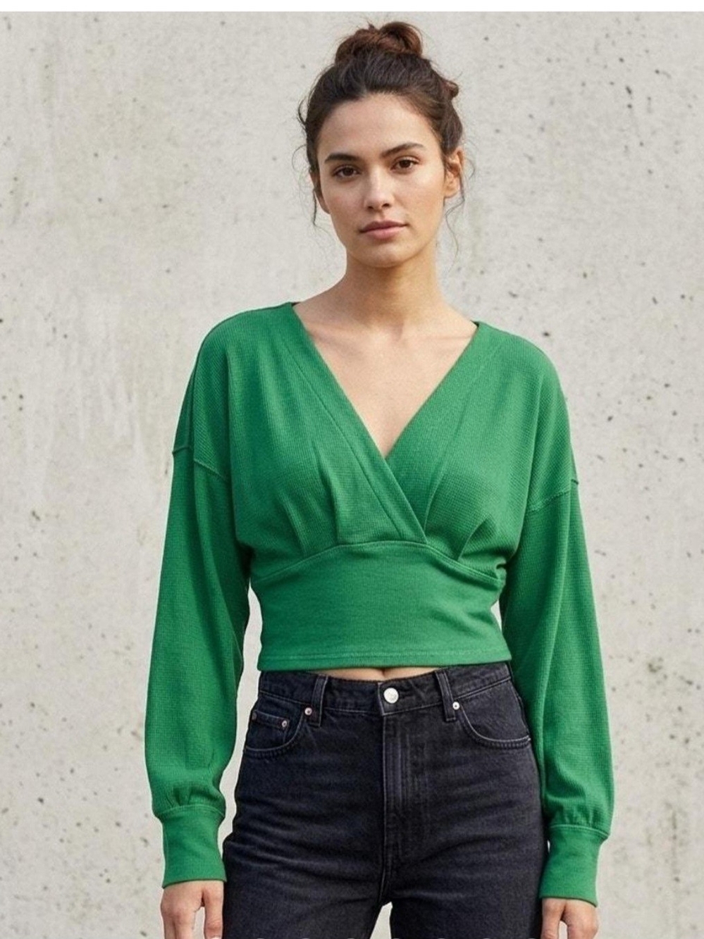 Free People All Nighter Green V-Neck Long Sleeve Waffle Wrap Crop Top Sz. XS